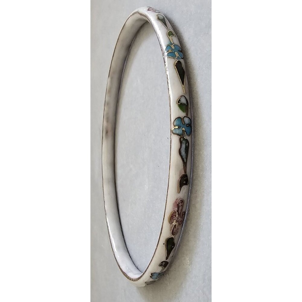 Vintage Cloisonné Large White Pink Green Flower Enamel Bangle Bracelet